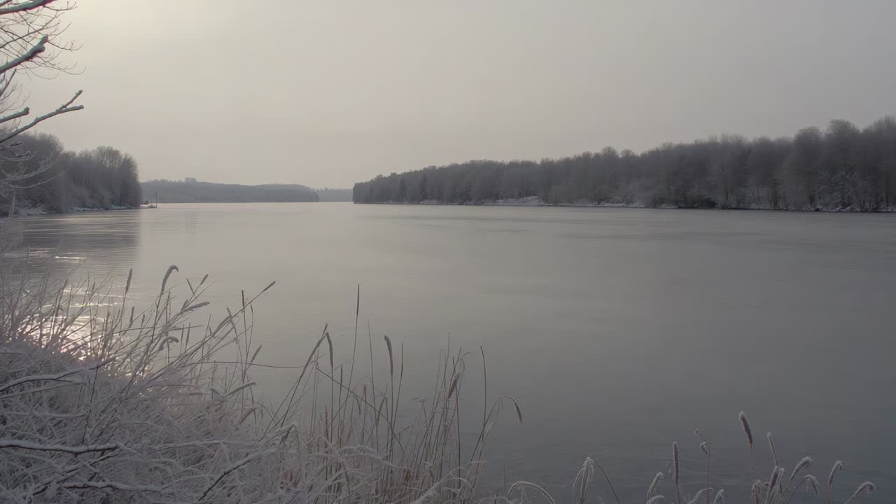 Starting slow pan, camera drifting right and down along shore, showing frosty reeds and calm water