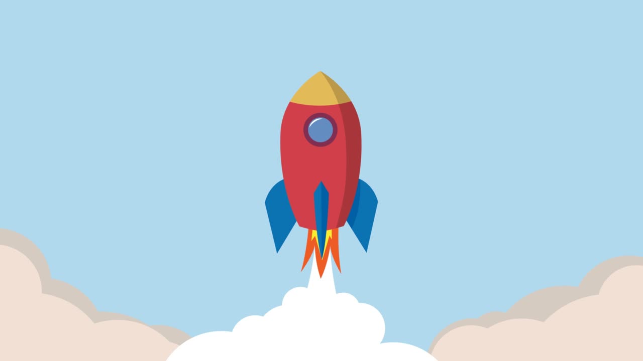 Rocket launch to the space, Exploration idea: Concept of startup, development and innovation. Animated illutration, seamless loop.