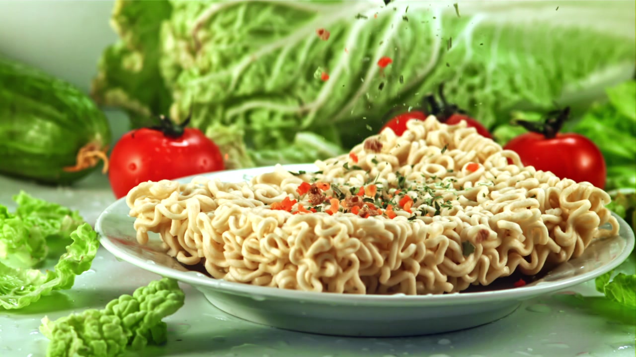 Slow Motion Seasoning Falling on Dry Instant Noodles with Fresh Vegetables