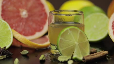 una rodaja de limón cae cerca de un vaso con un cóctel alcohólico