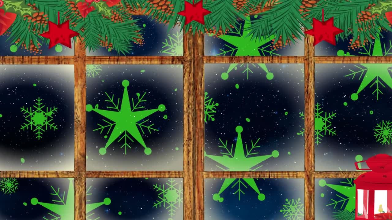 lámpara de navidad y decoraciones sobre el marco de la ventana contra múltiples estrellas verdes iconos cielo nocturno