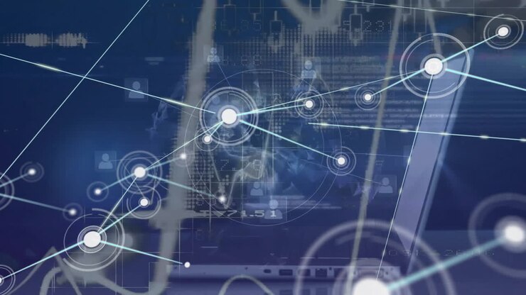 Animation of data processing and diagrams over network of connections with icons