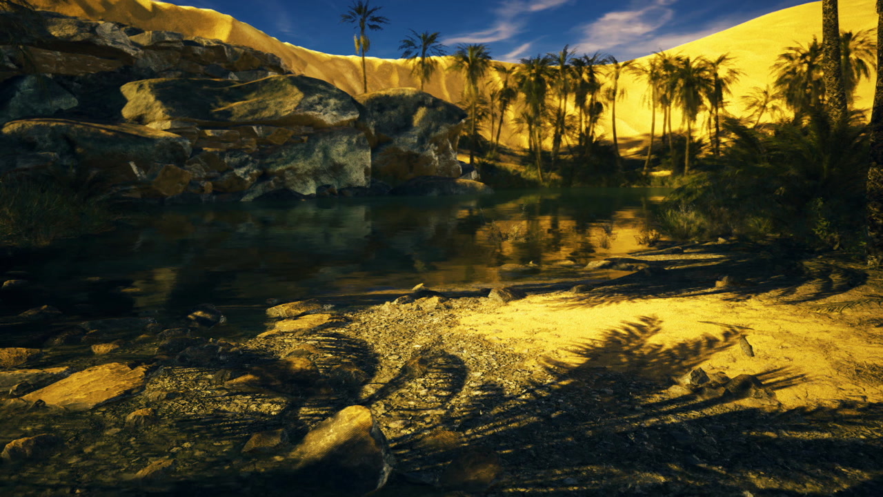Colorful beach scene showcasing shining water and distant shadows