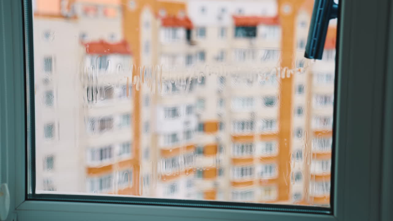Wiping window with a brush. View from flat on a plastic window cleaning with a special tool in the city. Housekeeping concept.
