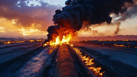 a large pipe in the middle of a desert with a lot of smoke coming out of it