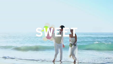 animation of sweet text over just married couple on the beach