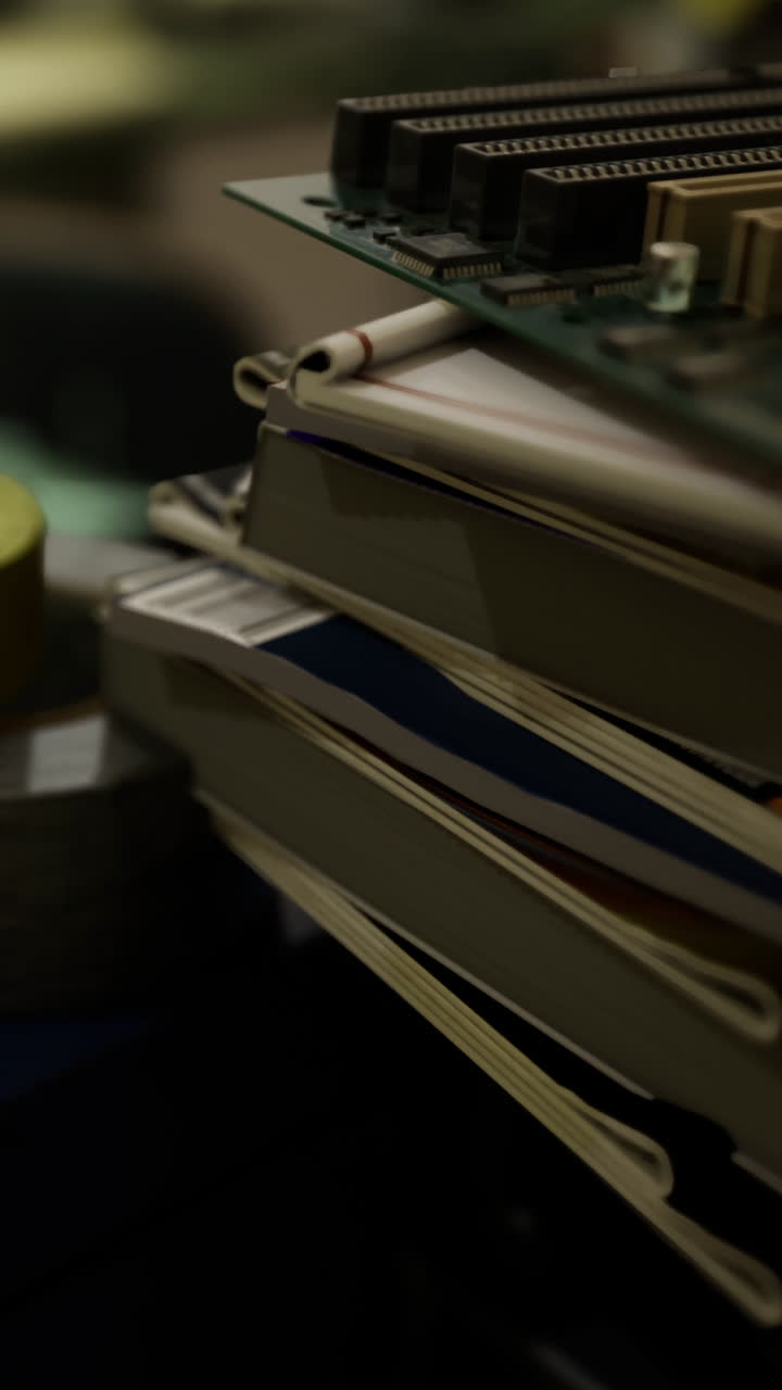 Pila di libri e componenti di computer su un tavolo in un ambiente d'ufficio.