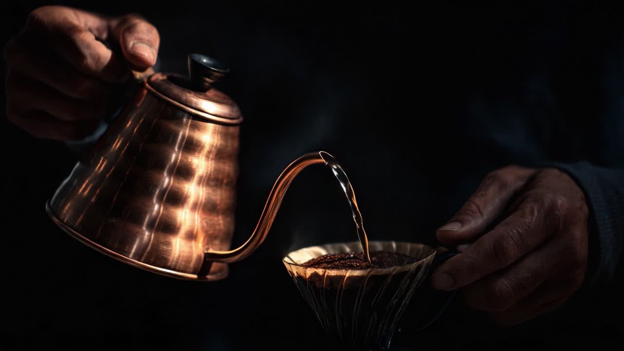 En fascinerende sekvens av kaffebrygging som viser kunsten å helle, og fremhever den elegante kontrasten mellom den varme kobberkjelen og det delikate kaffefilteret mens damp svever gjennom luften