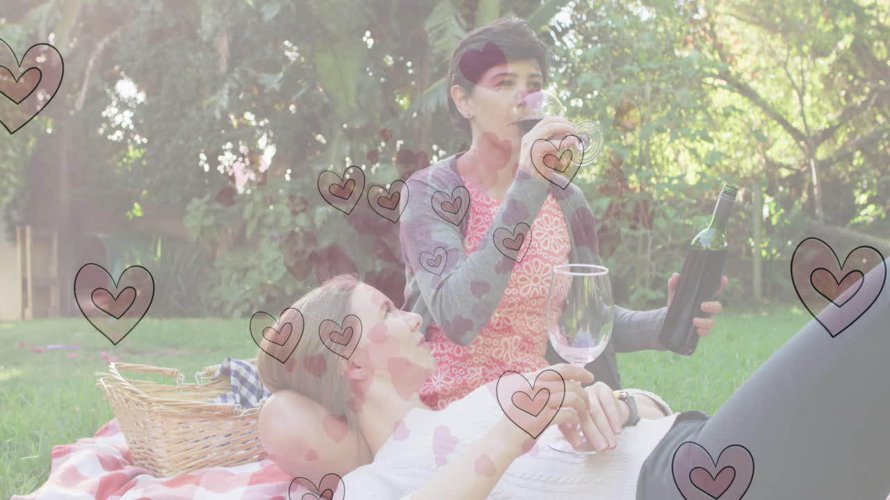 사랑에 빠진 행복한 백인 여성 커플이 와인을 마시는 심장 에모지 애니메이션