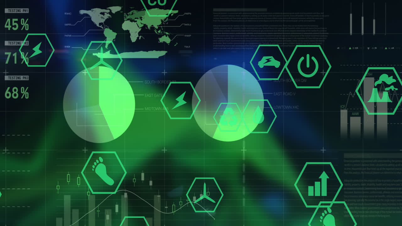 animación de iconos de procesamiento de datos y ecología sobre fondo negro