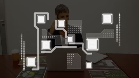 Animation of digital interface over businesswoman in office
