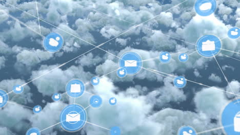 red de iconos digitales sobre nubes en el cielo azul