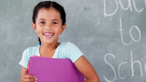 smiling schoolgirl holding file against chalkboard