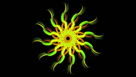 abstract kaleidoscopic flower isolated on black background. animation. motion graphics with green and red rotating and changing figure, seamless loop