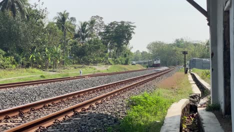 passenger train passes through rural rice fields, curved double track