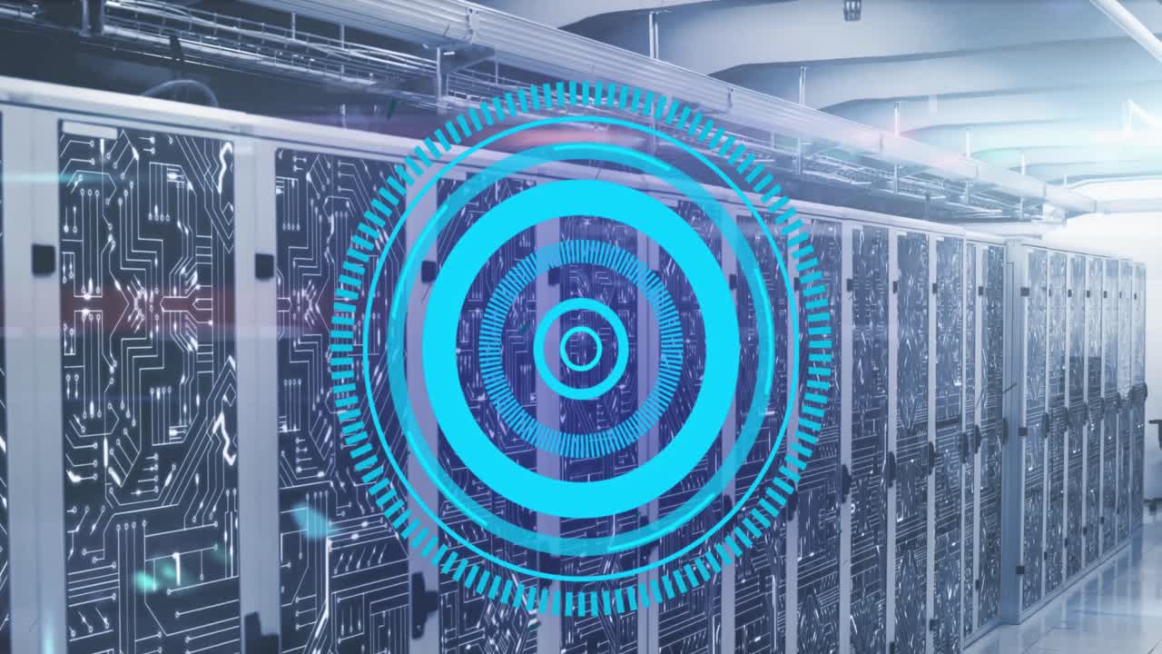 Animation of loading circles over circuit board pattern on data server racks in server room