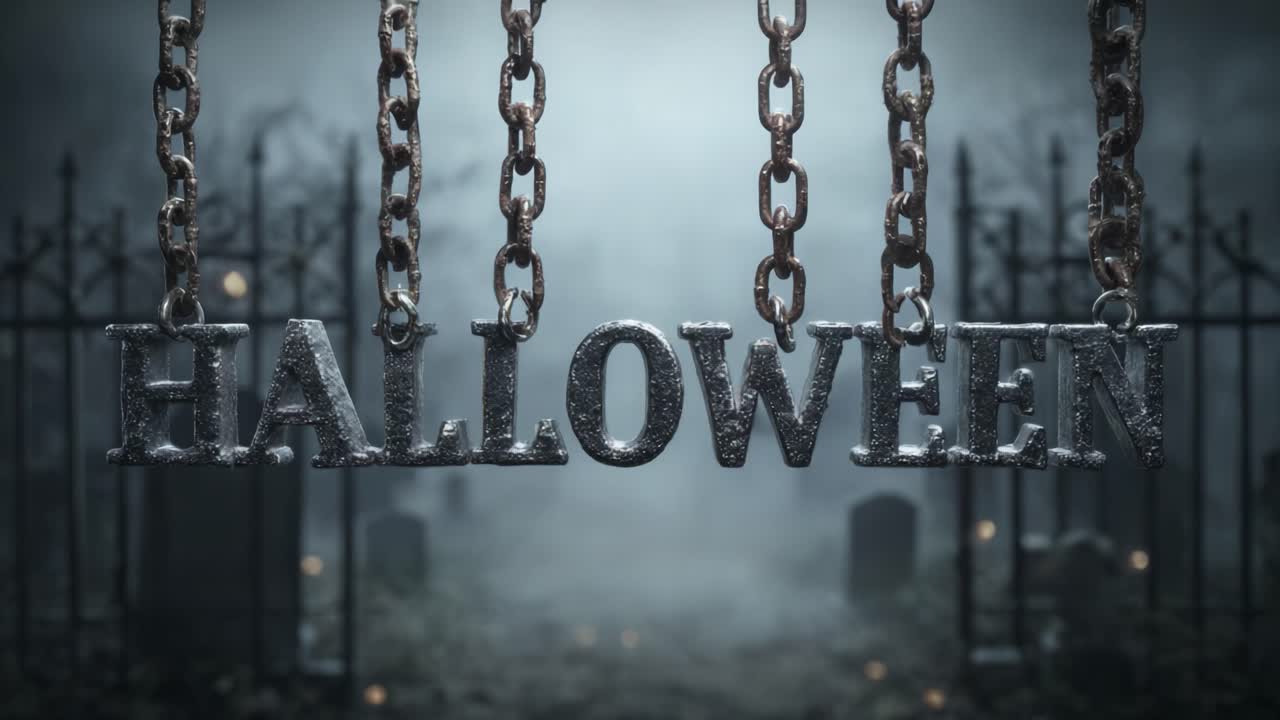 Creepy Halloween title hanging from rusty chains in front of a foggy and scary cemetery at night, with dark tombstones, an iron gate, and mysterious lights creating a horror atmosphere