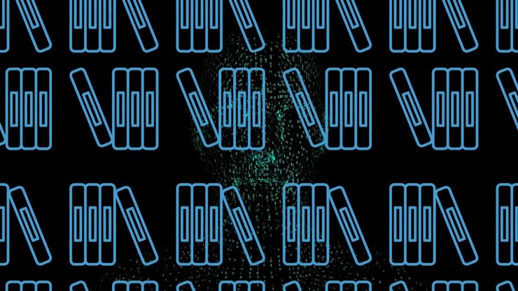 Silhouette umana digitale con icone di libri animate