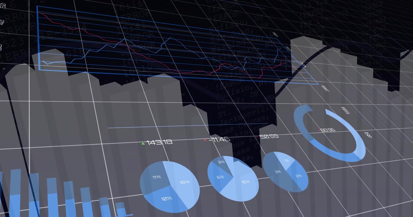 3D data visualization being animated on dark grid plane, showing bar charts and line curves