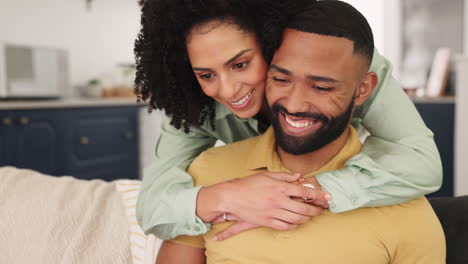 Love,-hug-and-black-couple-with-laptop-on-sofa