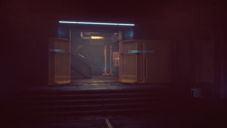 a dark and narrow corridor in a futuristic space station