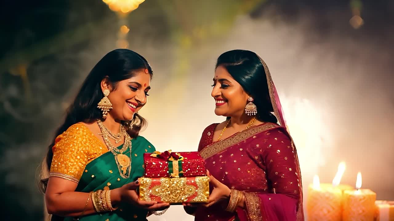 dos mujeres indias en saris sonriendo e intercambiando regalos durante la celebración de diwali