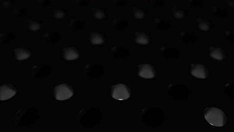 white glowing spheres jump from one hole to another. dark reflective surface with holes and bouncing balls. 3d looped animation abstract render. minimal black motion design with depth of field.