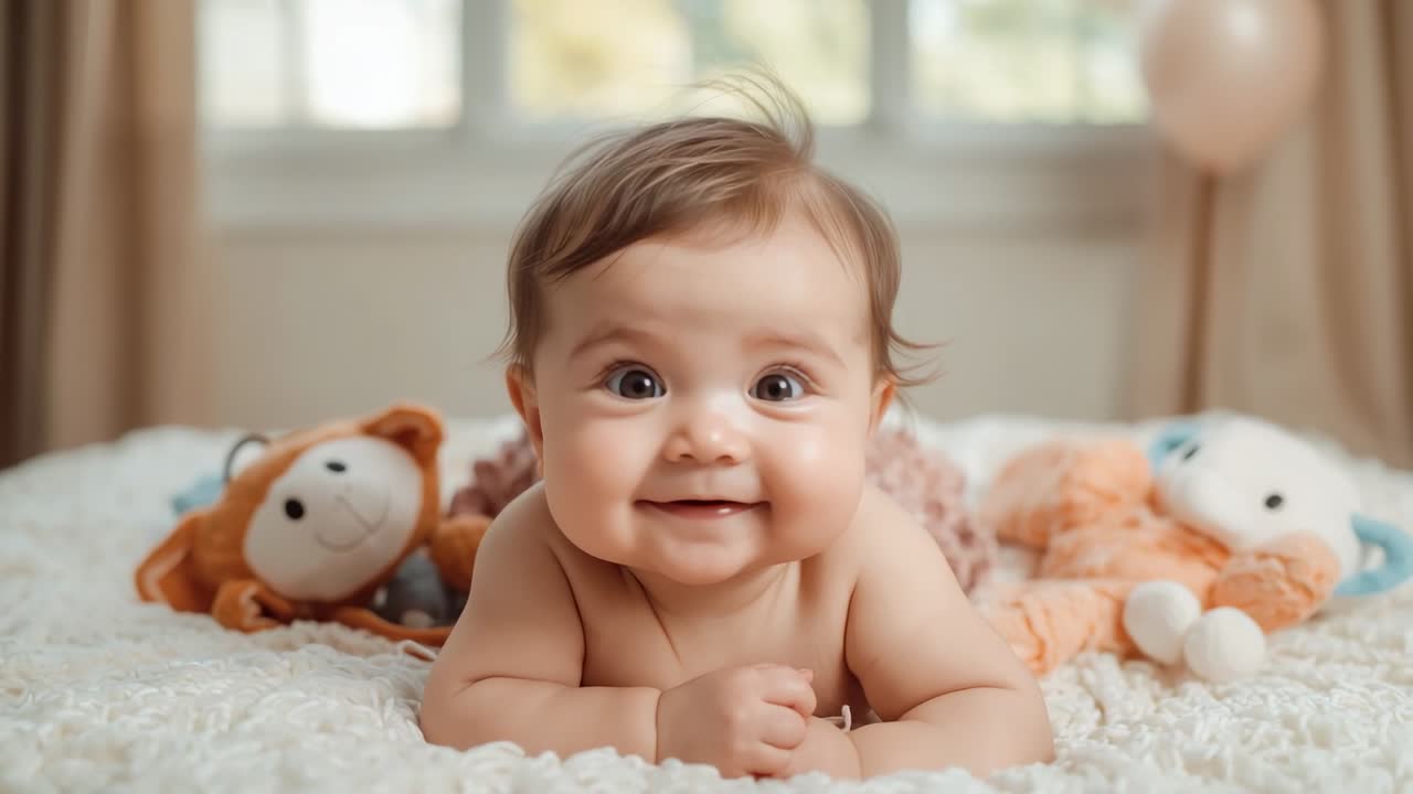 Gazing into camera, infant propping and lifting head in nursery, exploring stuffed toys and balloon