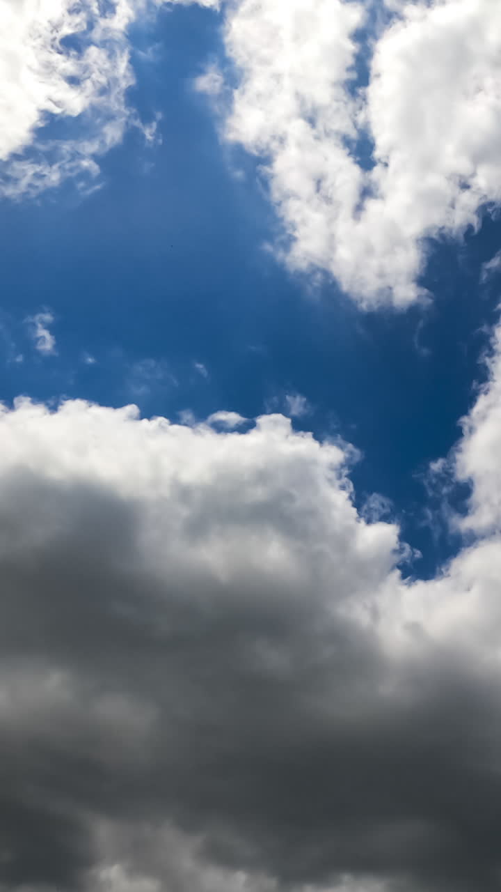 Fluffy small clouds transforming quickly into grey cloudscape. View from below. Timelapse. Vertical video