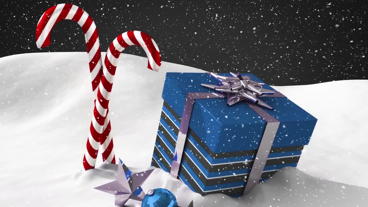 animación de nieve cayendo sobre dulces de navidad y presente