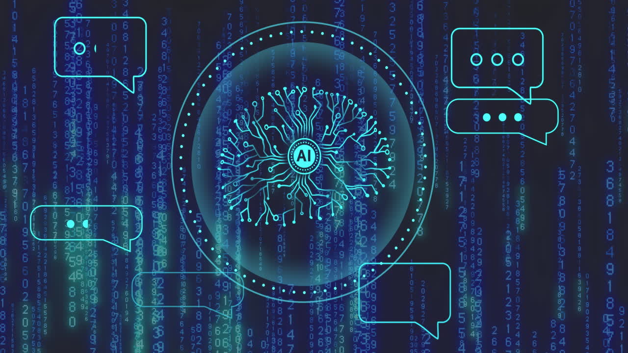 animación de diálogo de chat ai y escáner con red de cerebro ai sobre el procesamiento de datos