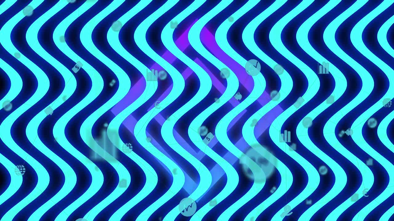 animación de líneas onduladas azules brillantes sobre diamantes púrpuras brillantes en el fondo