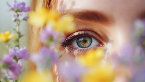 woman's eye peeking through flowers