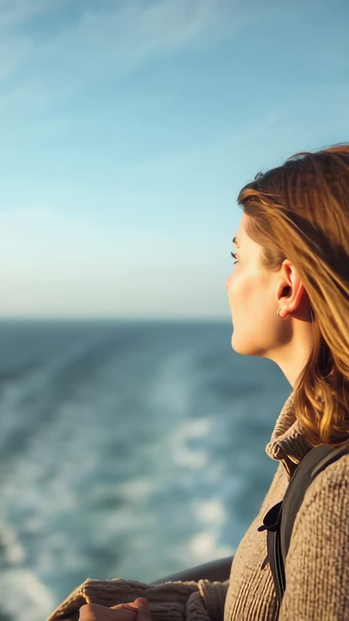 Video verticale: Donna in maglia appoggiata su una ringhiera, il vento le spinge ad aprire gli occhi, guarda l'orizzonte, spazio per il testo.