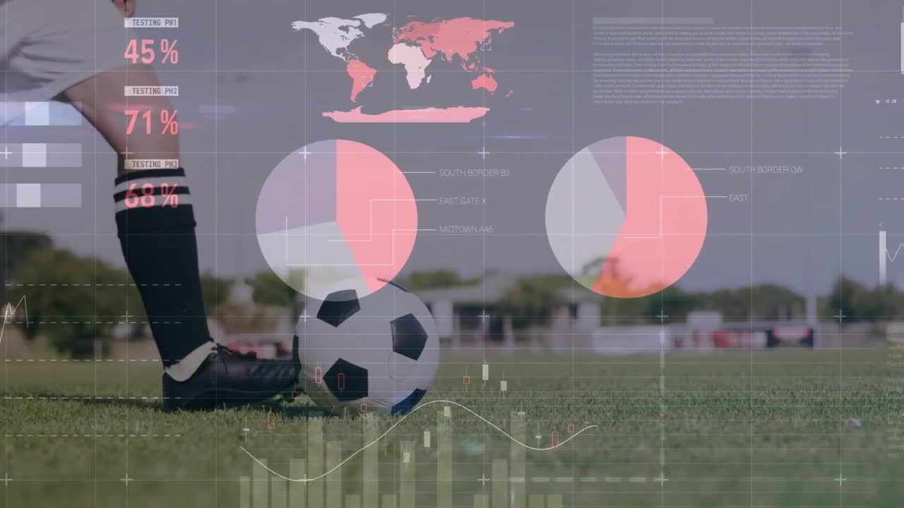 animación del procesamiento de datos financieros sobre el jugador de fútbol caucásico.