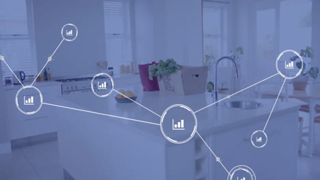 red de conexiones de datos animación sobre cocina moderna con comestibles en el mostrador