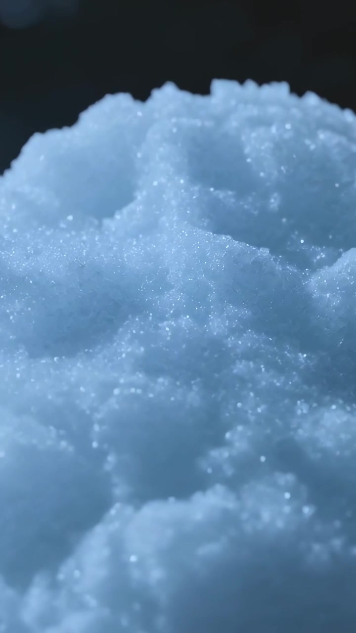 Video verticale: Telecamera in movimento che rivela un cumulo di ghiaccio di notte, granelli che catturano il bokeh blu per i dettagli.
