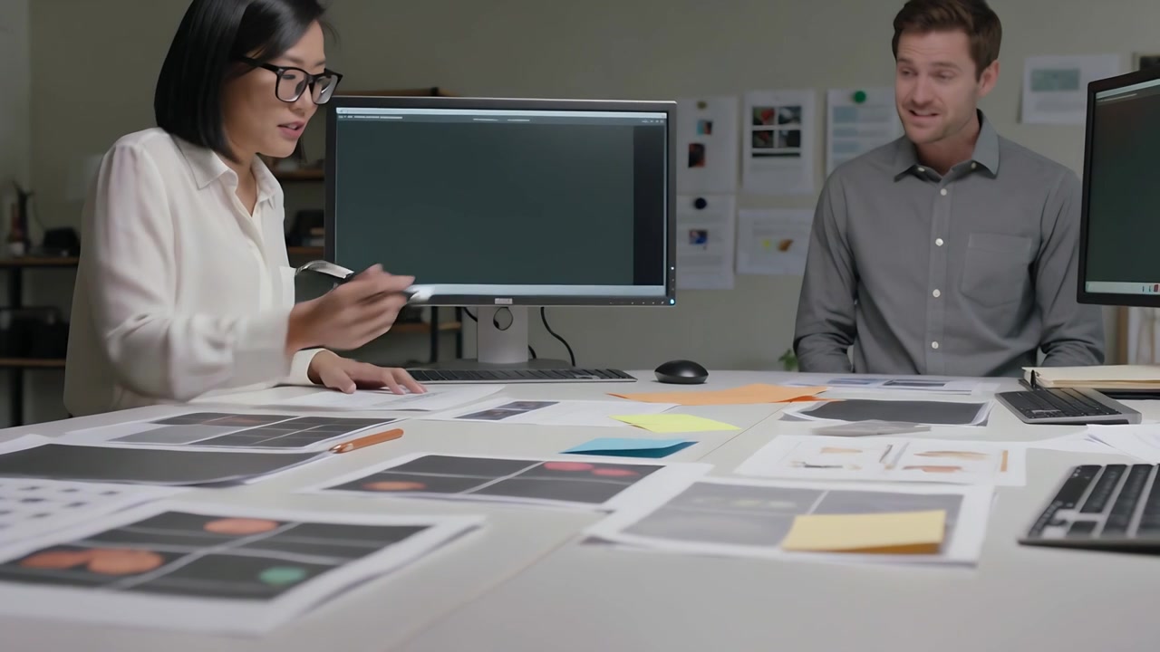 Pointing designer in white blouse with glasses at desk, writing on layouts while colleague entering