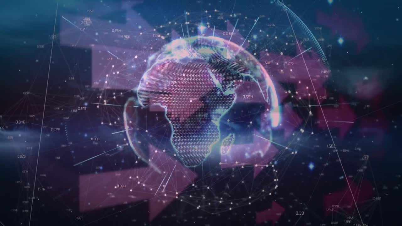 animación de flechas, luces y globo girando en espacio rosa y marino