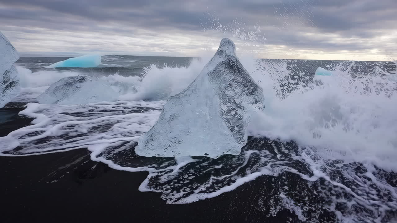 Icebergs on a black sand beach