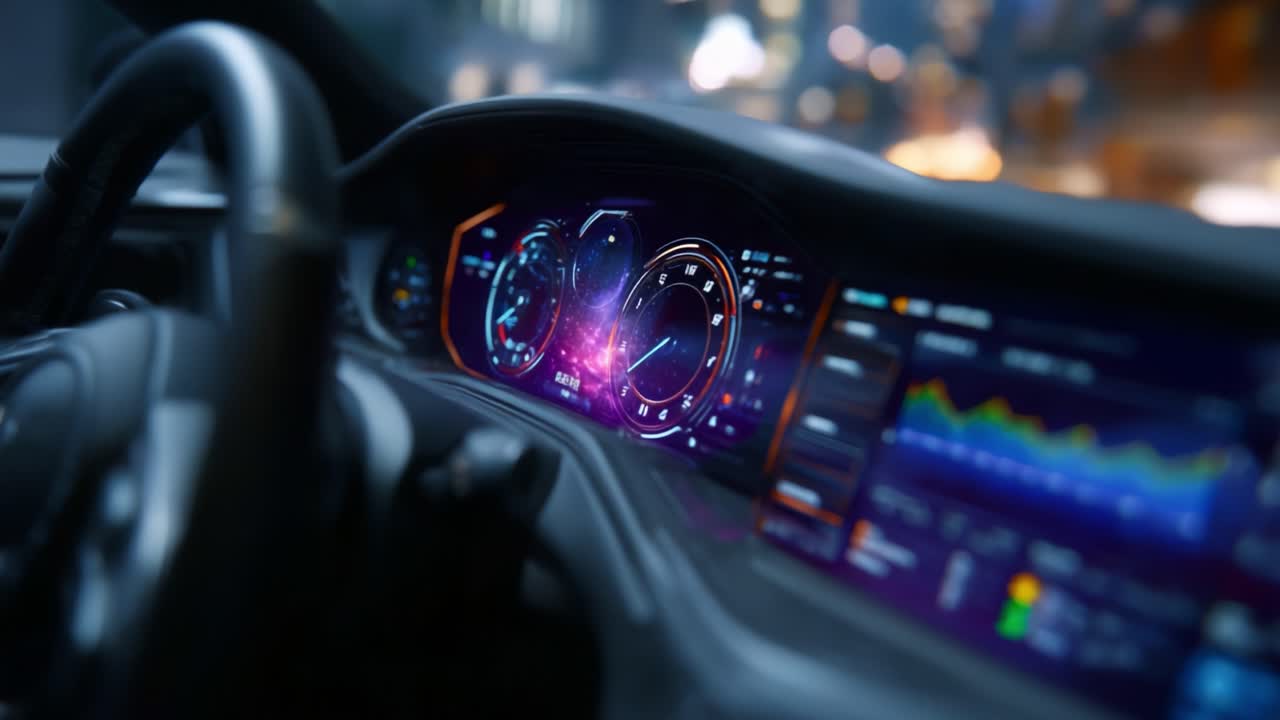 Interfaccia futuristica del cruscotto di un'auto con display e indicatori vivaci, ripresa in un ambiente urbano moderno con un accenno di movimento sullo sfondo