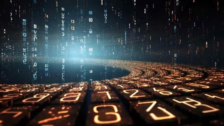 Futuristic video concept with a low-angle view of glowing numbers and digital code streams