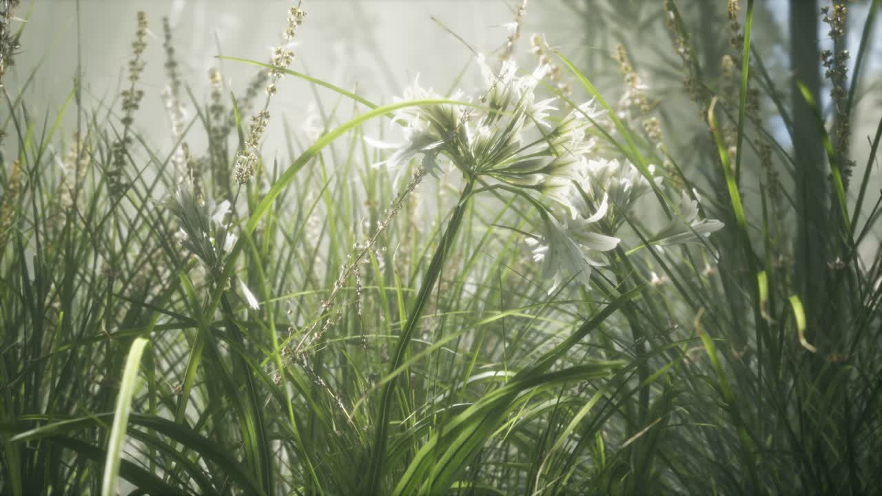 잔디 꽃 필드와 부드러운  ⁇ 빛을 배경으로.