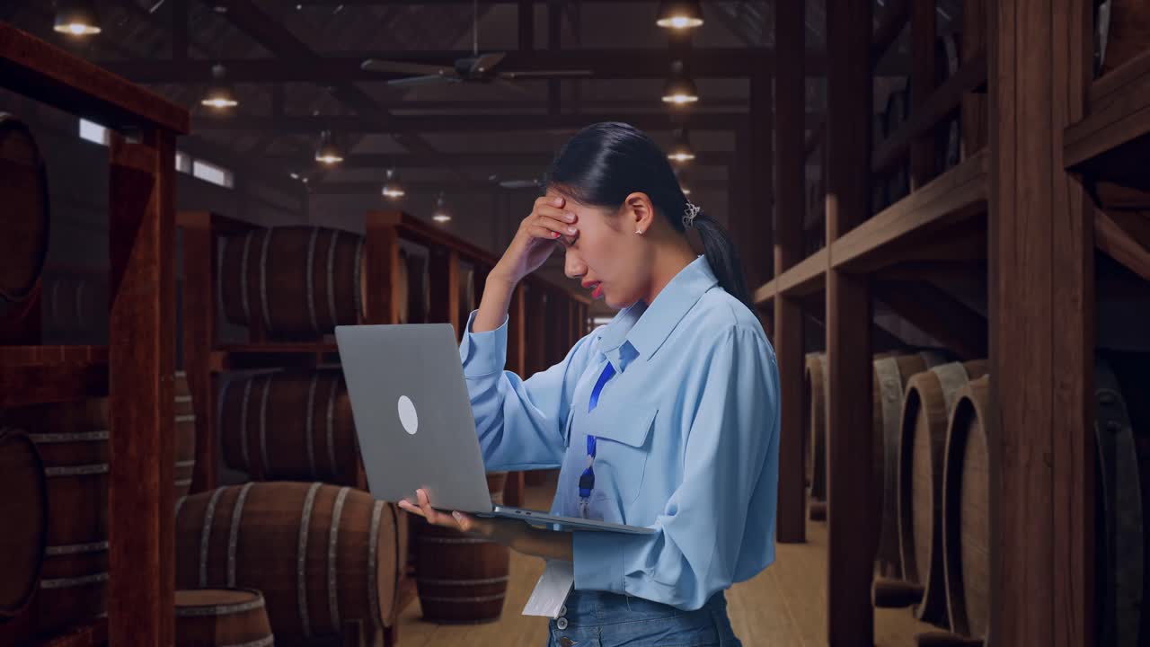 Side View Of An Asian Female Professional Worker Use Laptop In Cellar Of Winery,  She Is Nodding Her Shead With Dissapionted