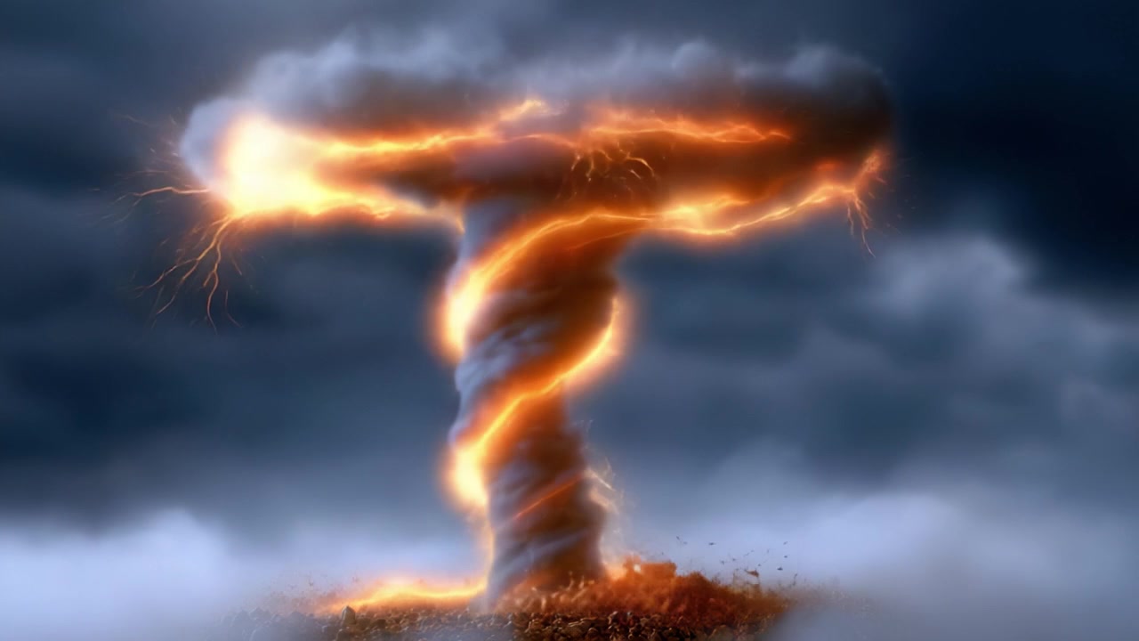 Et dynamisk atmosfærisk fænomen: Fanger den kraftfulde udvikling af en tornado oplyst af slående elektrisk lys midt i mørke stormfulde himmelstrøg.