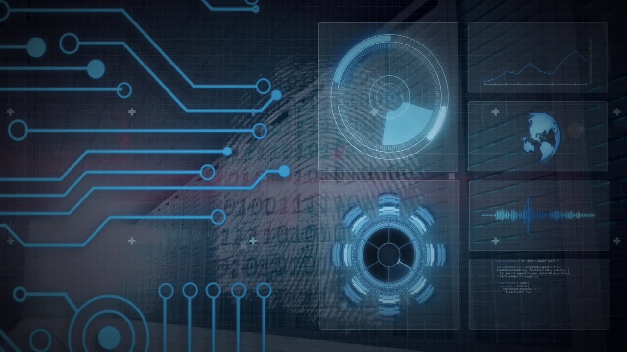Animation of digital interface with circuit patterns and data processing graphics