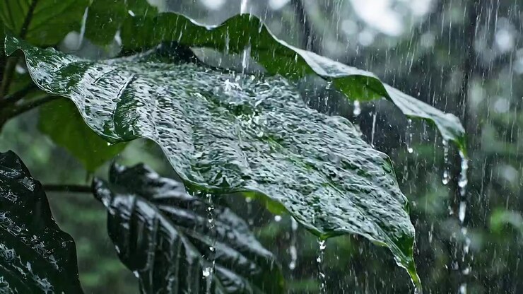 Close-up of heavy rain falling on large tropical green leaves