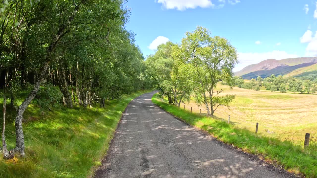 Car drives along winding rural road through grassy hills, trees, and pastures under blue sky