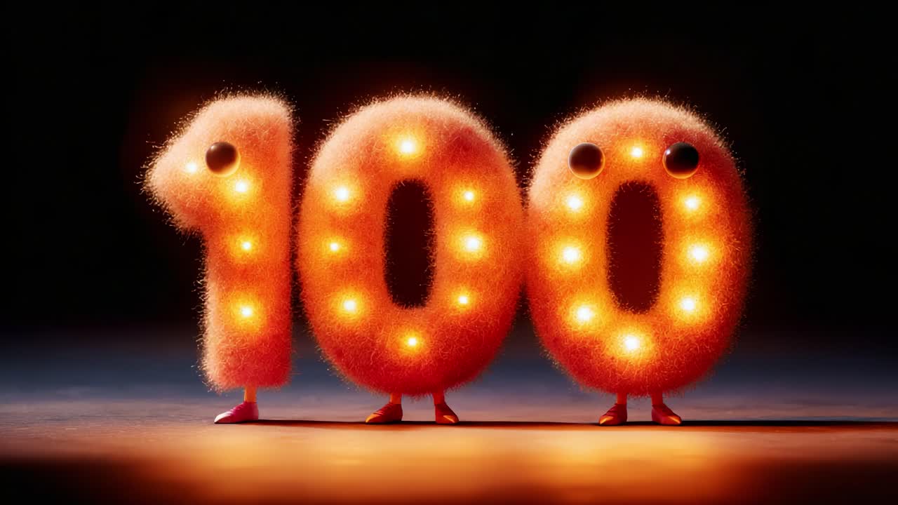 Playful and Vibrant Display of the Number 100 with Soft, Fluffy Texture and Illuminated Features, Capturing a Whimsical Essence in a Creative Visual Presentation