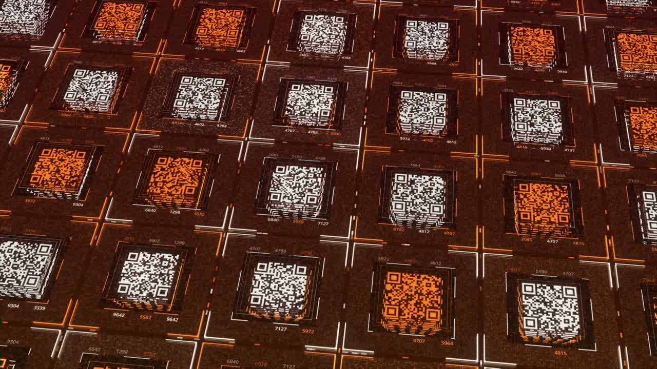 Rows of square shaped QR codes with moving electrical impulses on orange background. Animation. Concept of communication and informational technologies